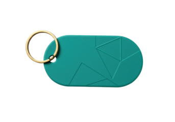 Isolated Teal Key Tag with Key Ring Access Hotel Room Building Office Security Safety