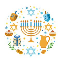 Happy Hanukkah, menorah and traditional Jewish symbols banner design. Vector greeting card for the Festival of Lights or Festival of Eight Candles