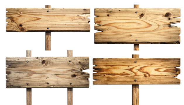 Four weathered wooden signboards nailed atop supporting poles