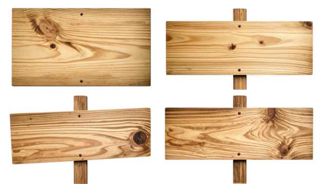 Four wooden signs attached to posts, rustic style