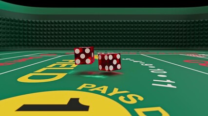 3d animation of two red dice as they roll in slow motion across a casino table, eventually stopping to reveal double sixes. Moment embodies luck, suspense, and the thrill of gambling. Dice triumph - Powered by Adobe