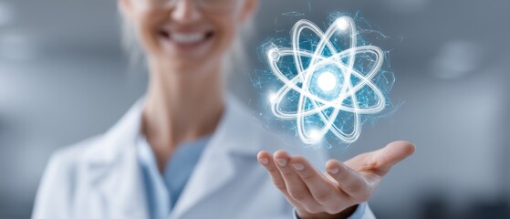 Scientist holding holographic atom model in hand