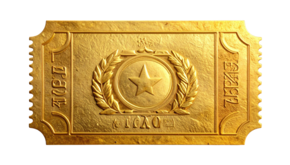 Ornate gold ticket featuring a star, set against a black backdrop