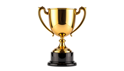 Shiny golden trophy with curved handles, on a black base