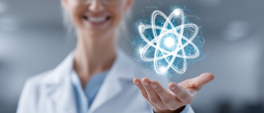 Scientist holding holographic atom model in hand