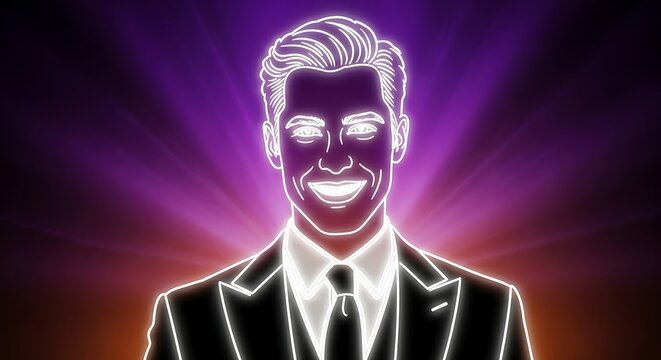 Stylized glowing portrait of smiling man in suit with radiant purple energy aura