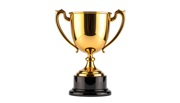 Shiny golden trophy with curved handles, on a black base