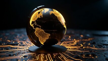Watch futuristic globe spin on a digital circuit board, revealing interconnected world with glowing gold continents in motion - Powered by Adobe
