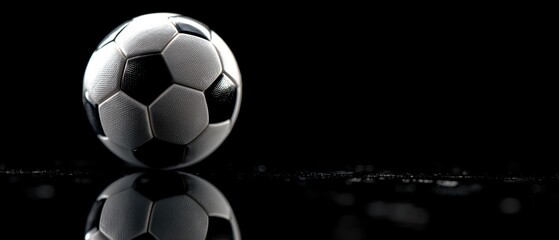 Fototapeta premium Classic black and white soccer ball illuminated by spotlight on a dark background. Minimal studio composition symbolizing sport, competition, and teamwork