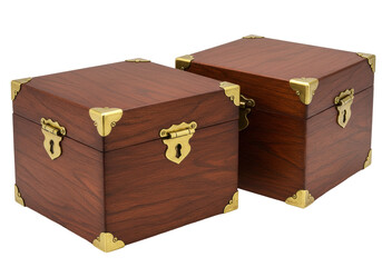 Isolated Old treasure chest with metal corners antique dark wood box on display for sale