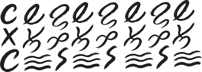 Isolated dry brush stroke icon set, black dry brush vector, textured line symbol, editable dry brush vector art for rough, handmade, and artistic grunge design