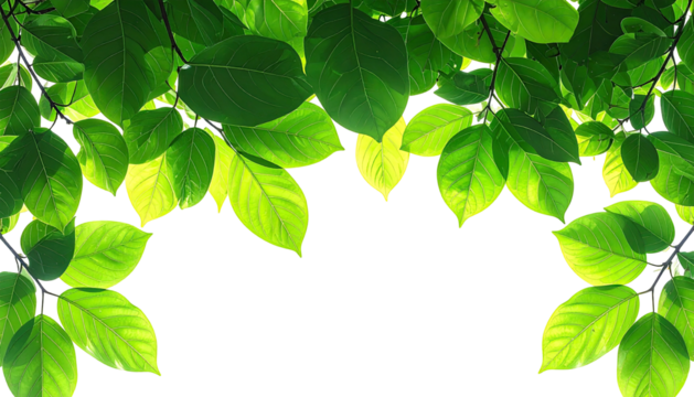Bright green leaves hang down, framed against a black background
