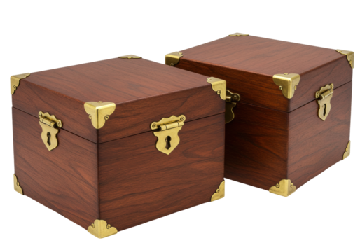 Isolated Old treasure chest with metal corners antique dark wood box on display for sale