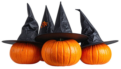 Three orange pumpkins wear black witch hats on a black backdrop