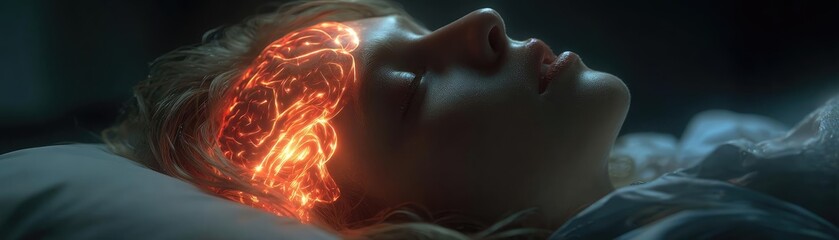 Young woman sleeping with glowing digital brain visualization concept. A surreal depiction of a mind illuminated with vibrant thoughts.