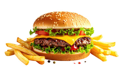 Juicy burger, cheese, fries, lettuce, tomato on a black background