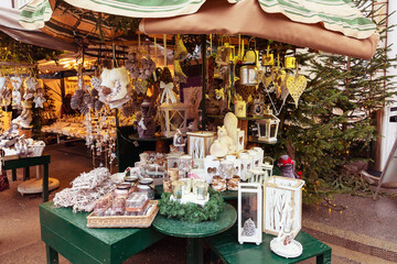 European Christmas market stall with different gifts