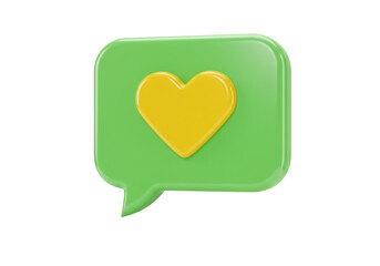 Isolated green speech bubble with yellow heart, social media like notification symbol icon