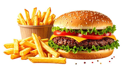 Cheeseburger and fries, delicious stack on black, vibrant colors