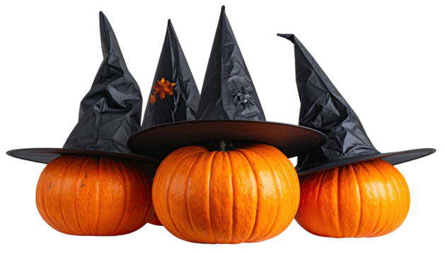 Three orange pumpkins wear black witch hats on a black backdrop