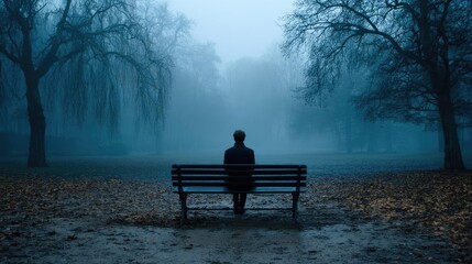 Depressed young man teenager boy suffering from depression concept. A solitary figure sits on a bench in a foggy park, evoking introspection.