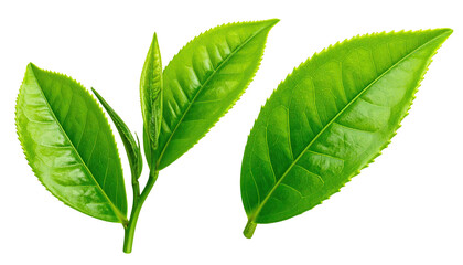 Two clusters of vibrant green tea leaves on a black background