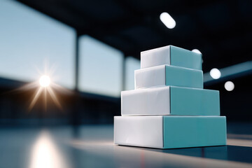 Stack of delivery boxes in warehouse with sunrise
