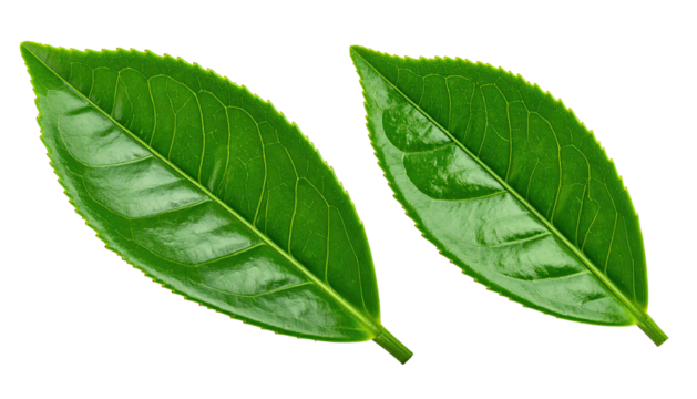 Two bright green leaves with visible veins on a stark black background