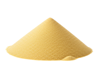 Isolated heap of yellow sand in a cone shape, fine dry material for construction work