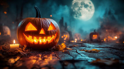 Halloween Jack-o'-lantern illuminated, spooky forest scene, moonlight