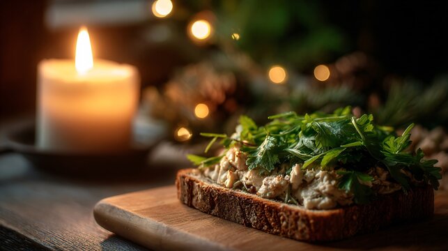 A sandwich and candle on table, cozy winter mood