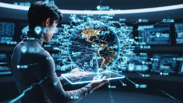 analyst with globe, expert analyzing holographic globe with network data in control hub