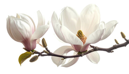 Two white magnolia flowers bloom on a branch, delicate petals
