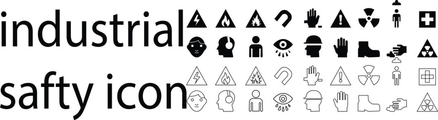 Industrial safety icon set, vectors of workplace protection, personal protective equipment, caution signs, hazard prevention, fire safety, and construction security symbols vector styles, warnings,