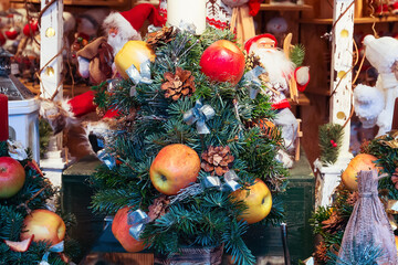 European Christmas market stall with different gifts