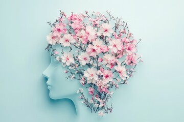 Spring flowers blooming from the outline of a human face