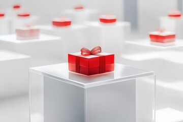 Modern display of gift-like red acrylic boxes in minimalist space