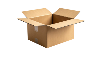 Open, empty brown cardboard box isolated against black background