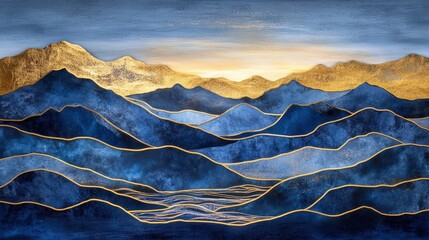 Stunning abstract landscape with gold and blue-toned mountains