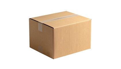 Simple cardboard box, sealed with clear tape. Dark background