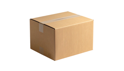Simple cardboard box, sealed with clear tape. Dark background
