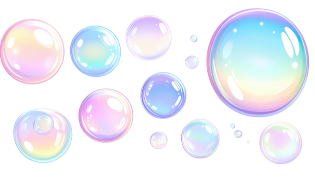 Iridescent, transparent cartoon bubbles on black background