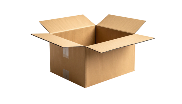 Open, empty brown cardboard box isolated against black background