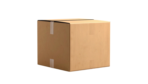 Cardboard box, square shaped, sealed with tape, on black