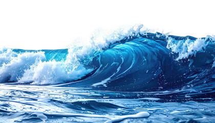 Large ocean wave crashing, frothy foam, deep blue waters