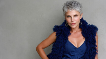 Mature woman with gray hair wearing blue fur vest