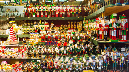 European Christmas market stall with different gifts
