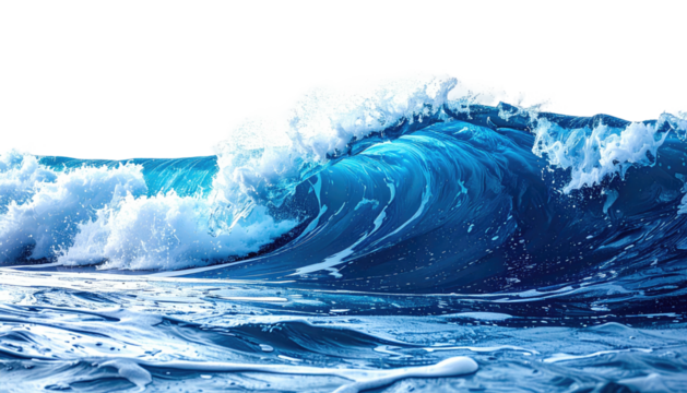 Large ocean wave crashing, frothy foam, deep blue waters