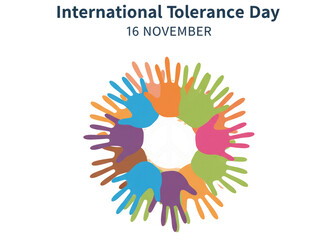 International Tolerance Day: An emblematic representation of International Tolerance Day is depicted, featuring a vibrant wreath of diverse handprints symbolizing unity, acceptance, and respect.