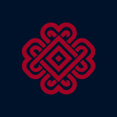 Abstract geometric design with intertwined shapes in red on blue background